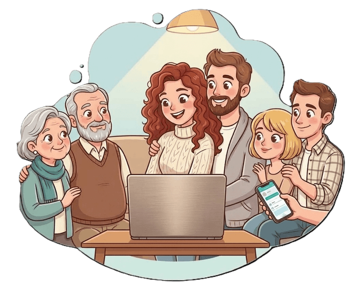 Illustration of a family gathered around a tablet, playing a name bracket together